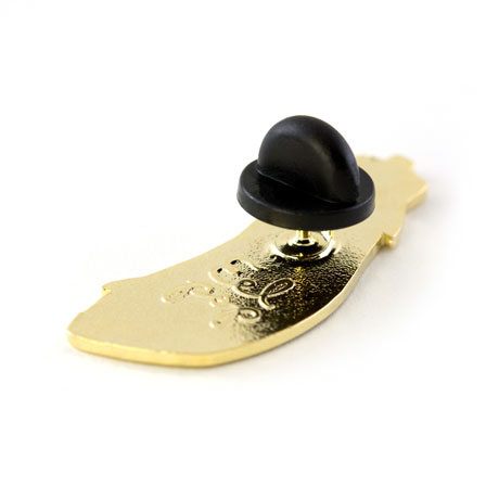 Back of enamel pin with Eel Pop’s branding (backstamp) and rubber clasp Back of enamel pin with Eel Pop’s branding (backstamp) and rubber clasp