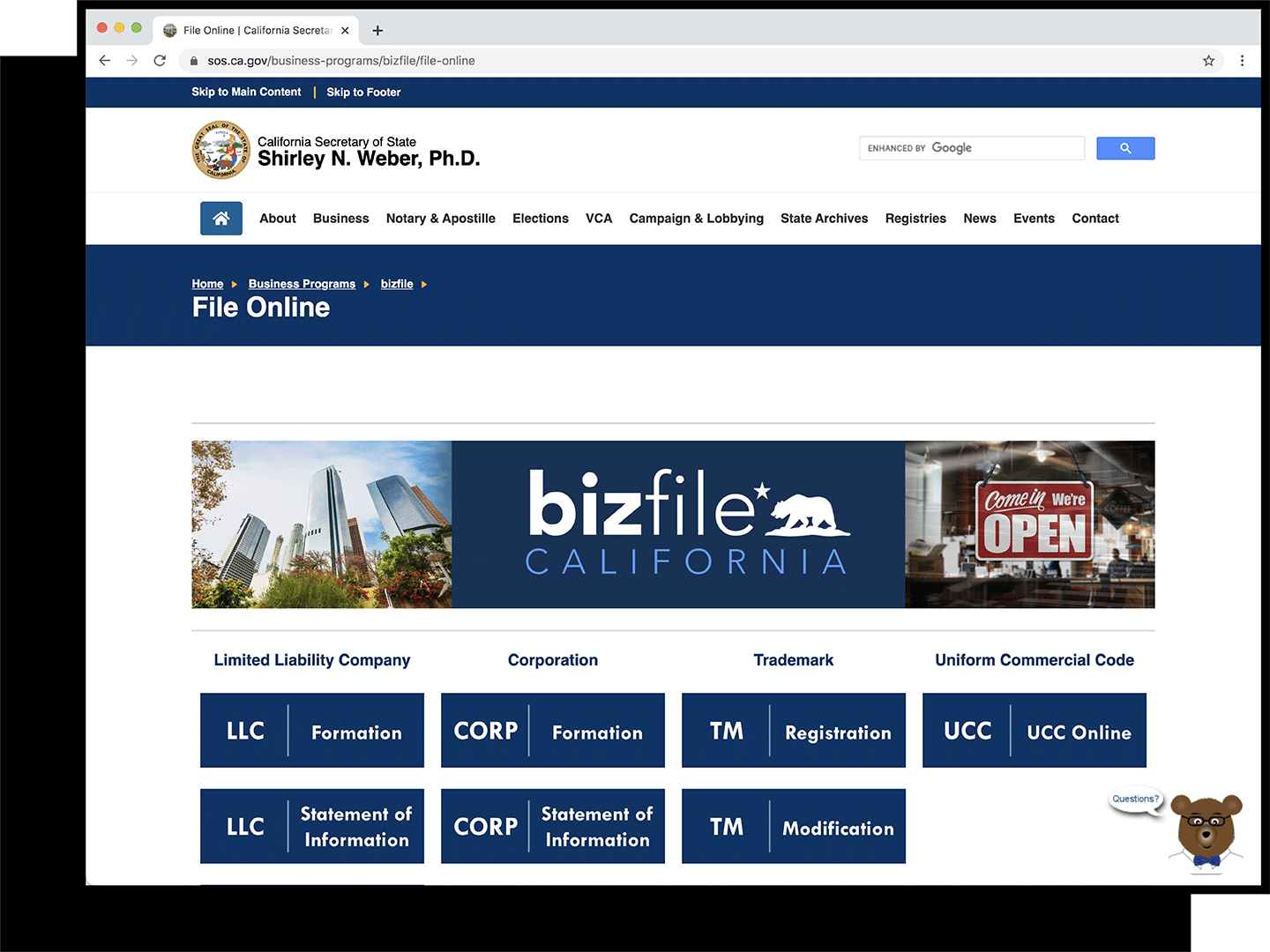 Bizfile - California Secretary of State Website